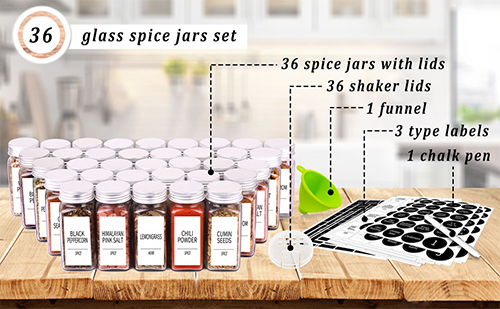 36 Spice Jars with 547 Labels - Glass Spice Jars with Shaker Lids - 4 oz Square Spice Cont