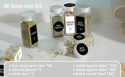 36 Spice Jars with 547 Labels- Glass Spice Jars with Black Metal Caps, 4Oz  Empty