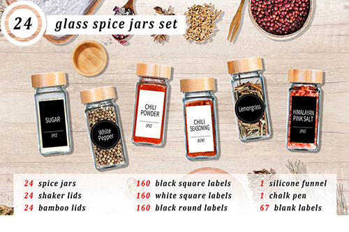 Set of 24 Glass Spice Jars with Various Labels, Bamboo Shaker Lids &  Funnel, Kitchen Storage Jars with Airtight Lid, Spices & Seasonings Sets